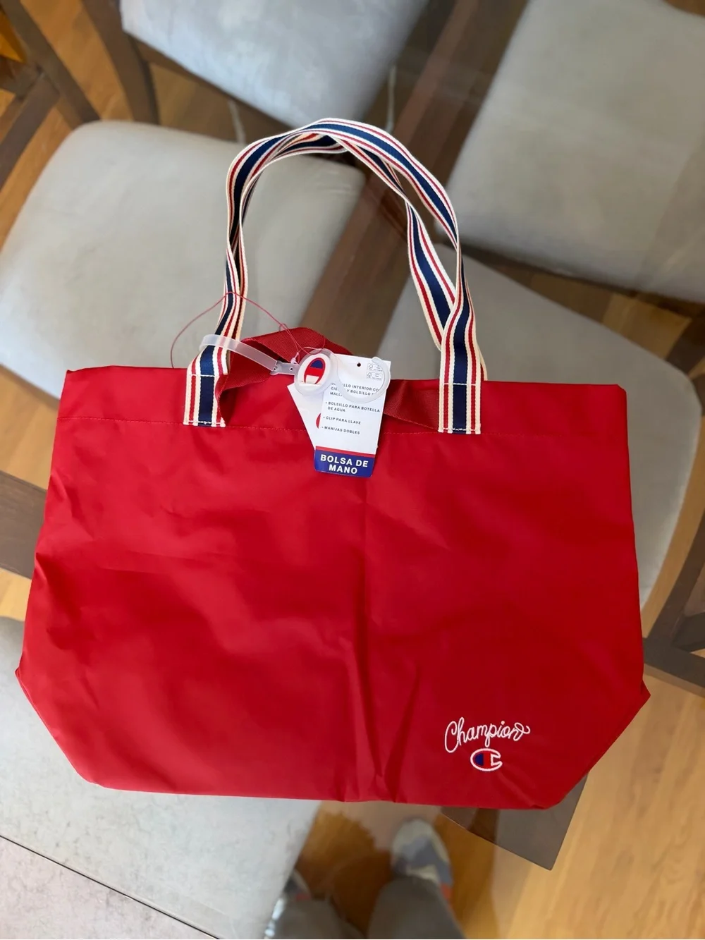 Champion Red Nylon Tote with Striped Shoulder Handles